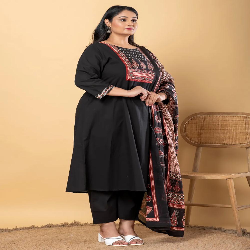 Anarkali Style Cotton Fabric Black Color Kurta And Bottom With Dupatta