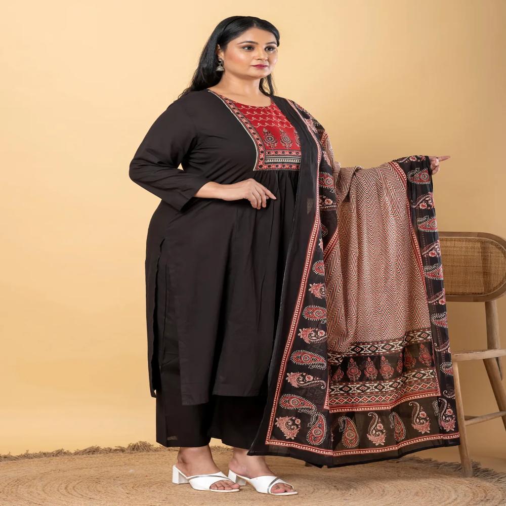 A-Line Style Cotton Fabric Black Color Kurta And Bottom With Dupatta