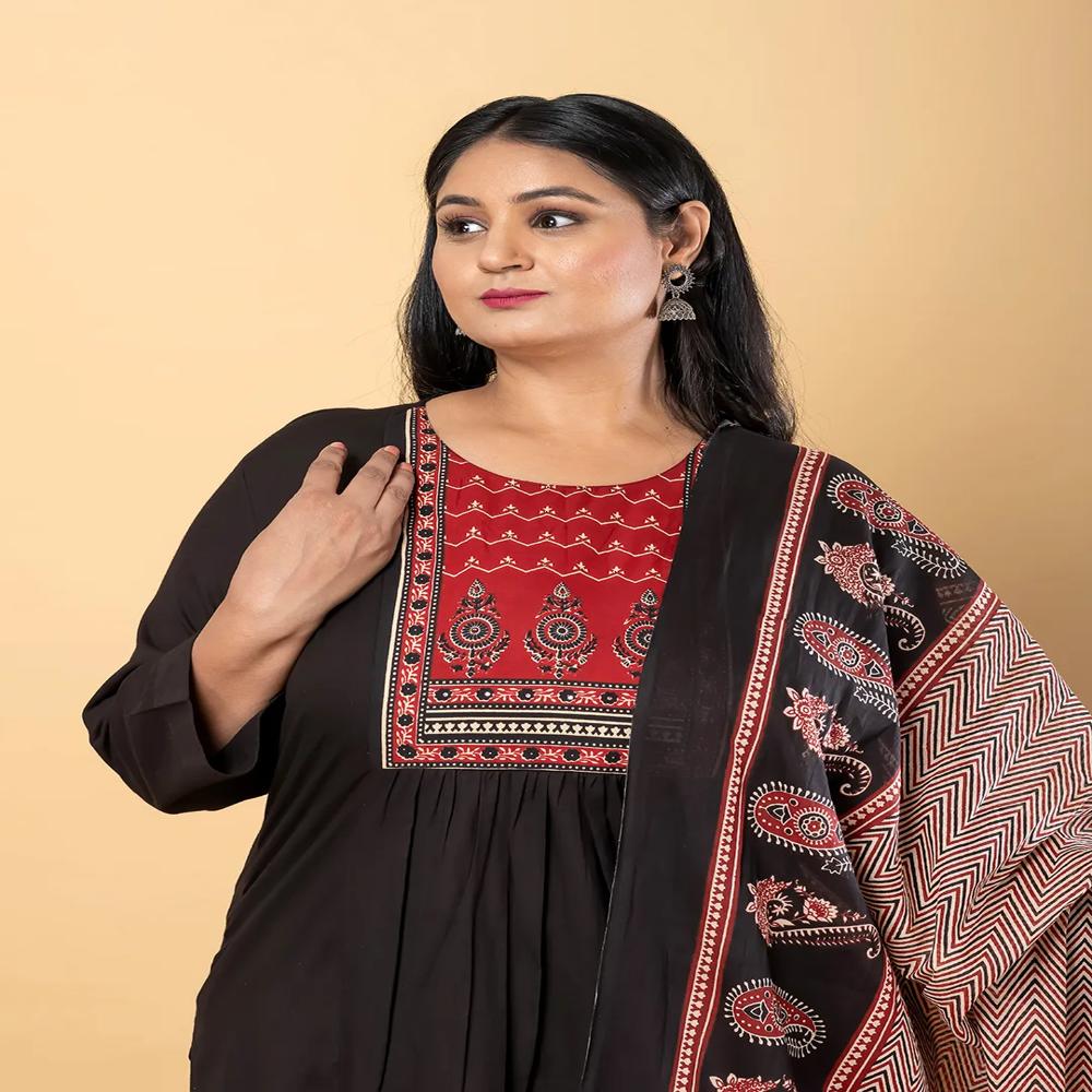 A-Line Style Cotton Fabric Black Color Kurta And Bottom With Dupatta