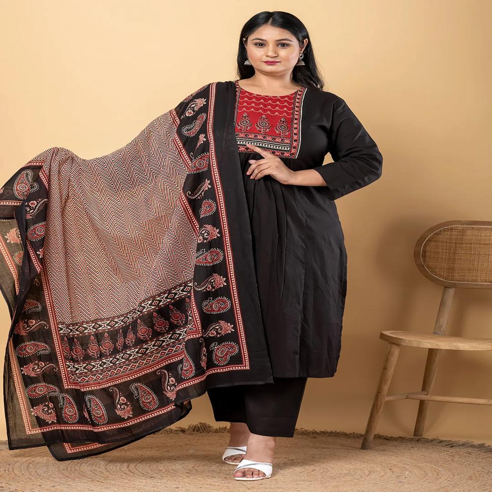 A-Line Style Cotton Fabric Black Color Kurta And Bottom With Dupatta