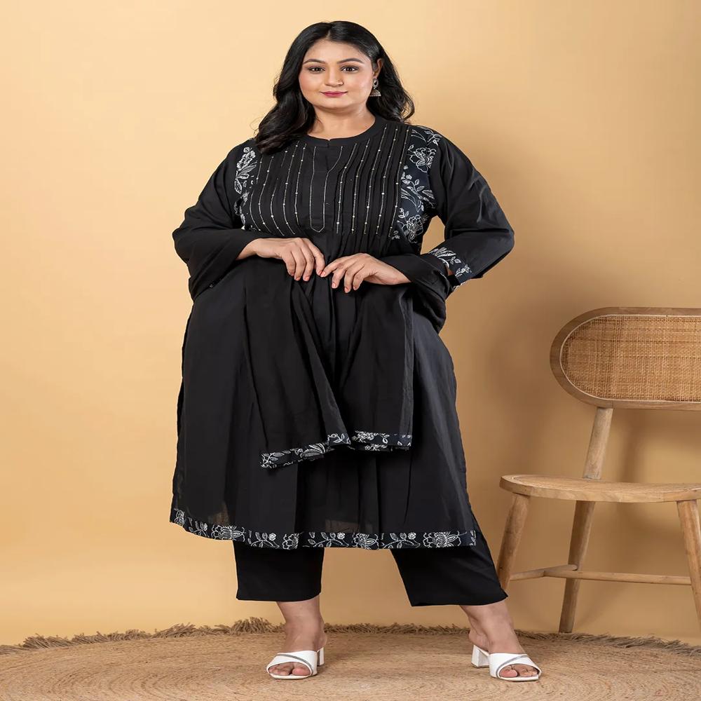 Straight Style Cotton Fabric Black Color Kurta And Bottom With Dupatta