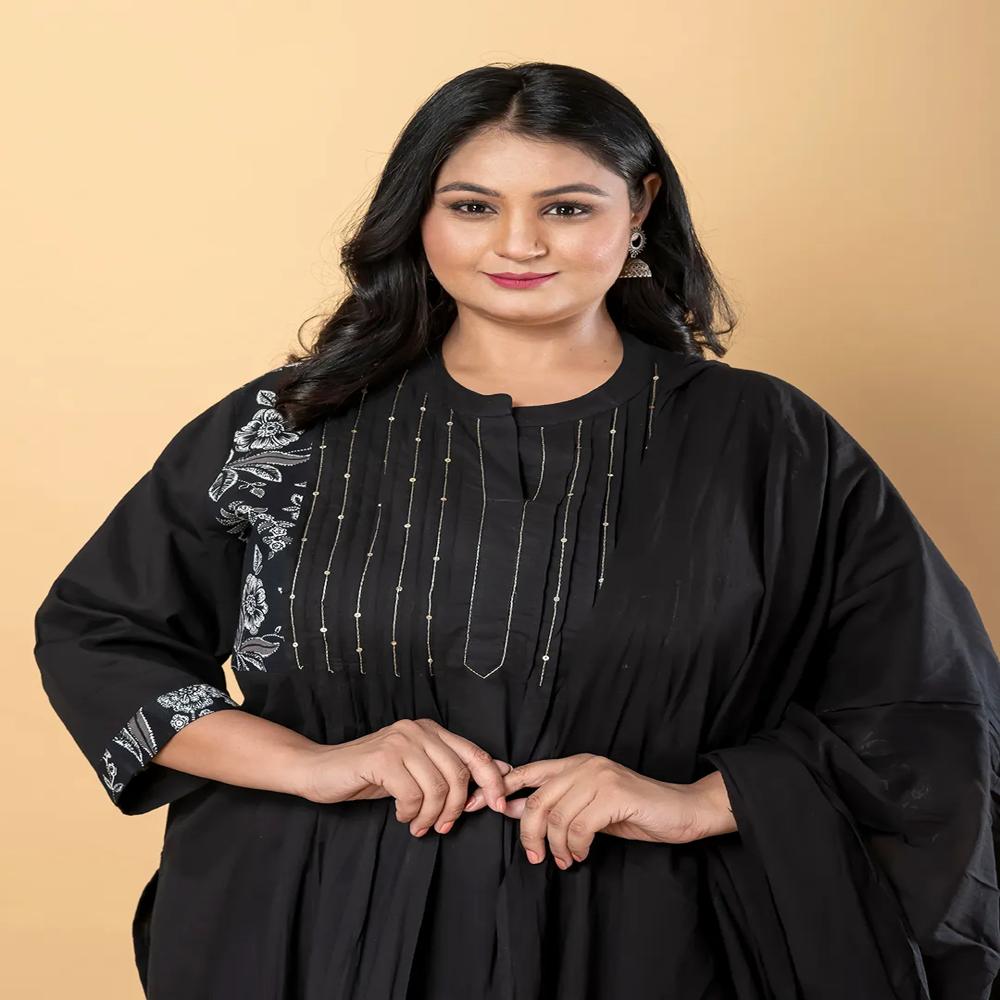 Straight Style Cotton Fabric Black Color Kurta And Bottom With Dupatta