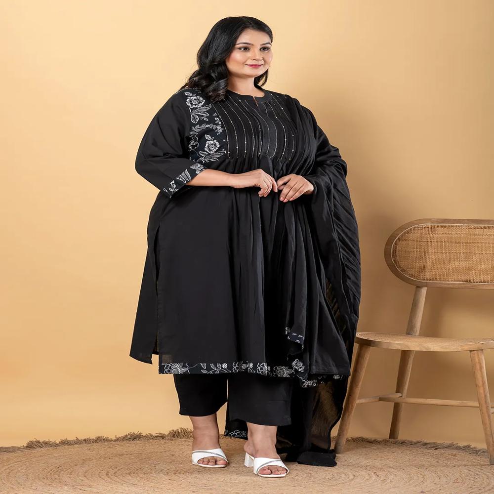 Straight Style Cotton Fabric Black Color Kurta And Bottom With Dupatta