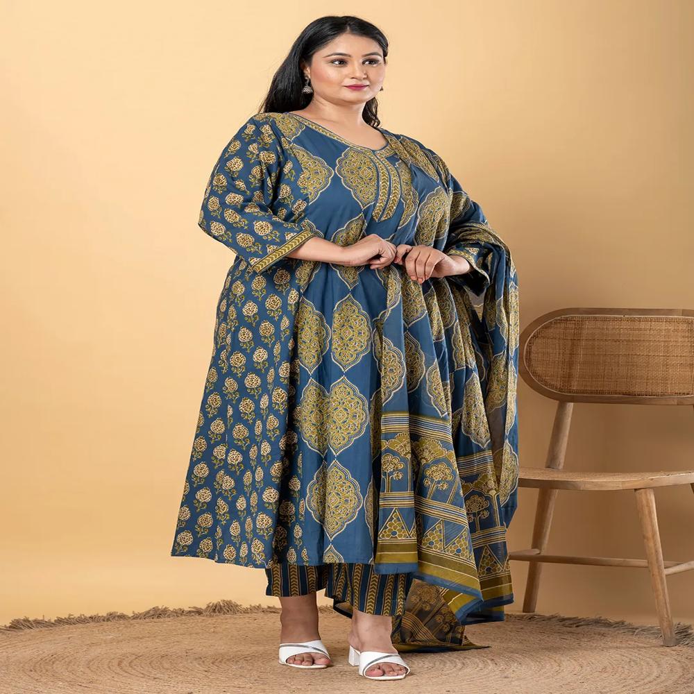 Anarkali Style Cotton Fabric Blue Color Kurta And Bottom With Dupatta