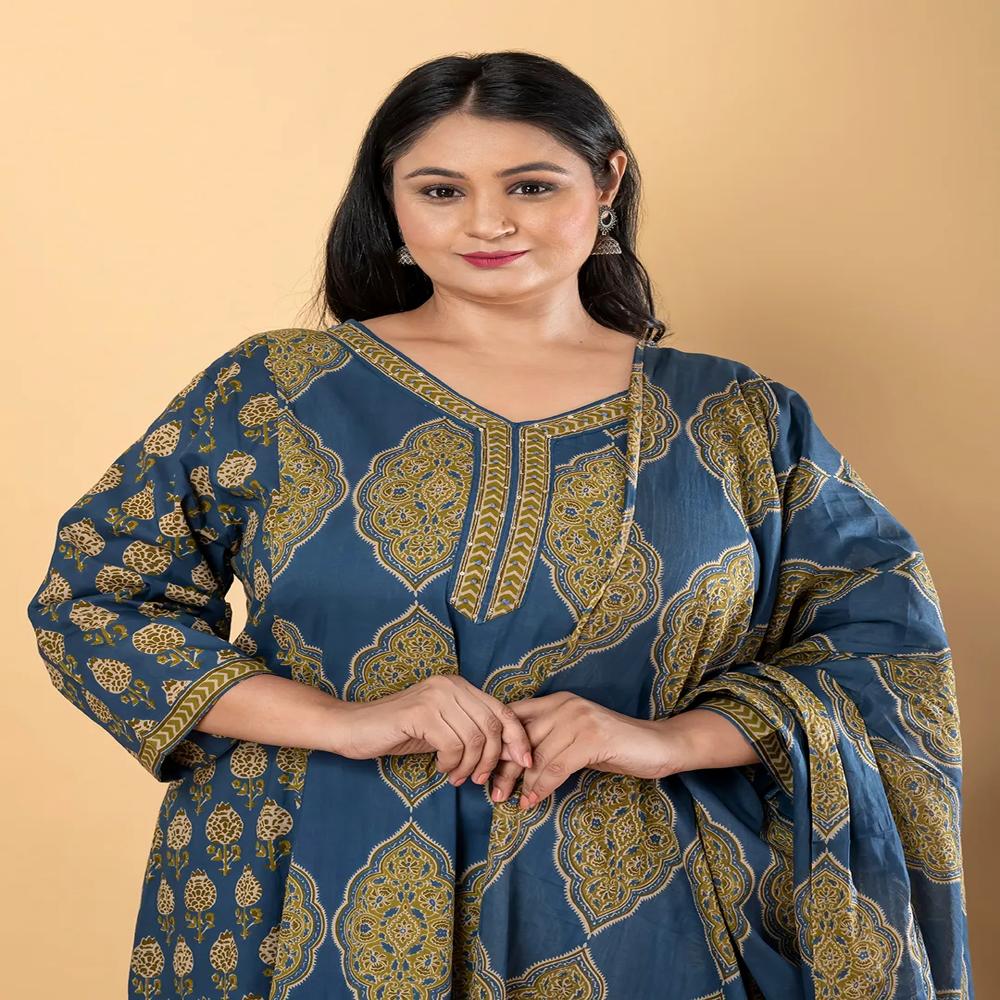 Anarkali Style Cotton Fabric Blue Color Kurta And Bottom With Dupatta