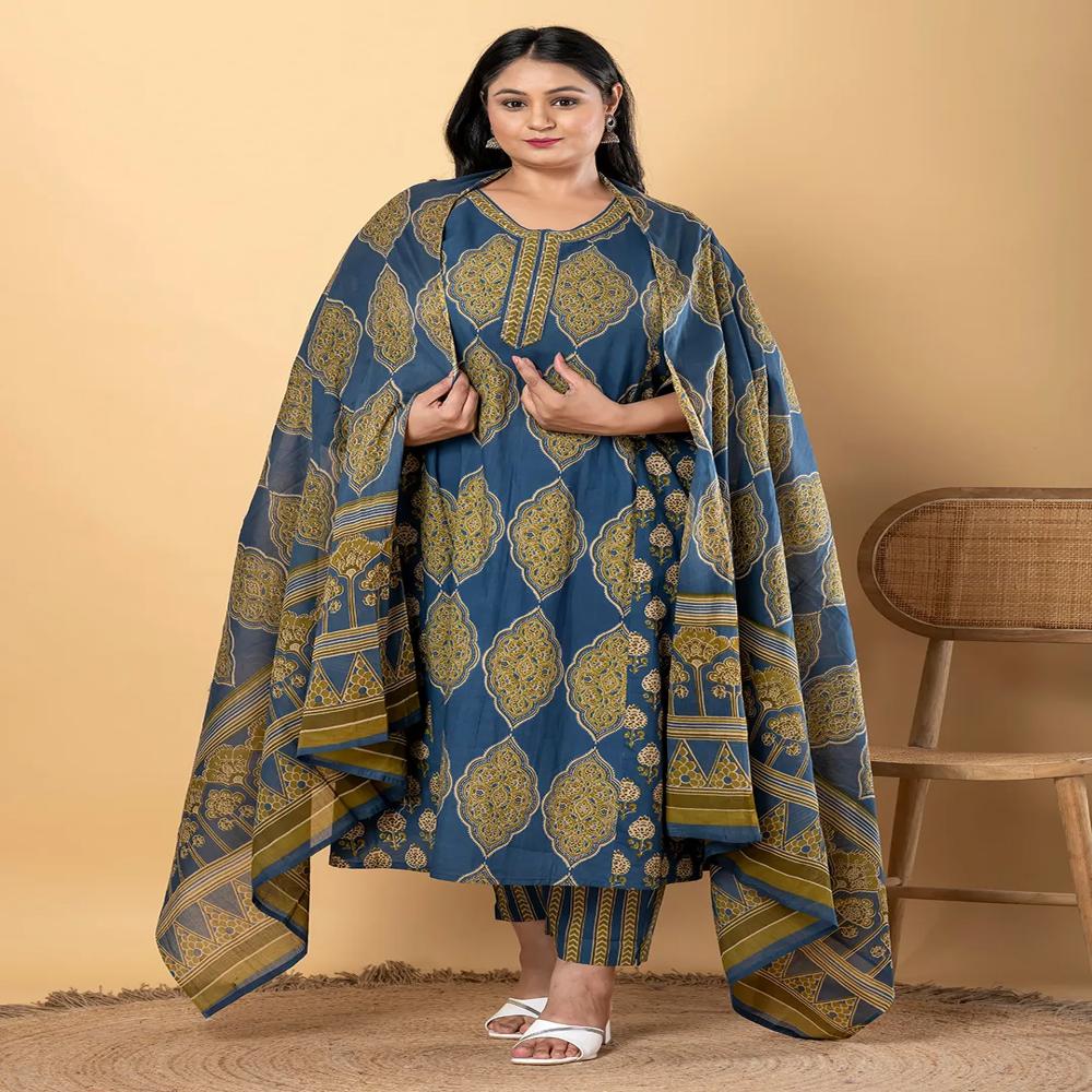 Anarkali Style Cotton Fabric Blue Color Kurta And Bottom With Dupatta