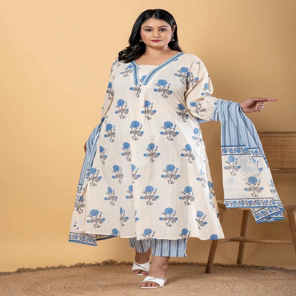 Straight Style Cotton Blend Fabric Cream Color Kurta With Bottom And Dupatta