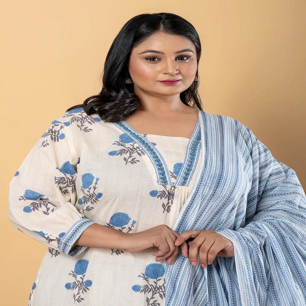 Straight Style Cotton Blend Fabric Cream Color Kurta With Bottom And Dupatta