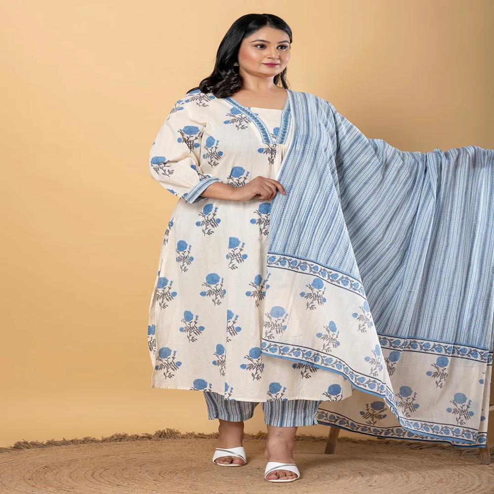 Straight Style Cotton Blend Fabric Cream Color Kurta With Bottom And Dupatta