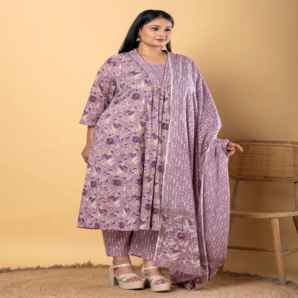 Anarkali Style Cotton Blend Fabric Mauve Color Kurta With Bottom And Dupatta