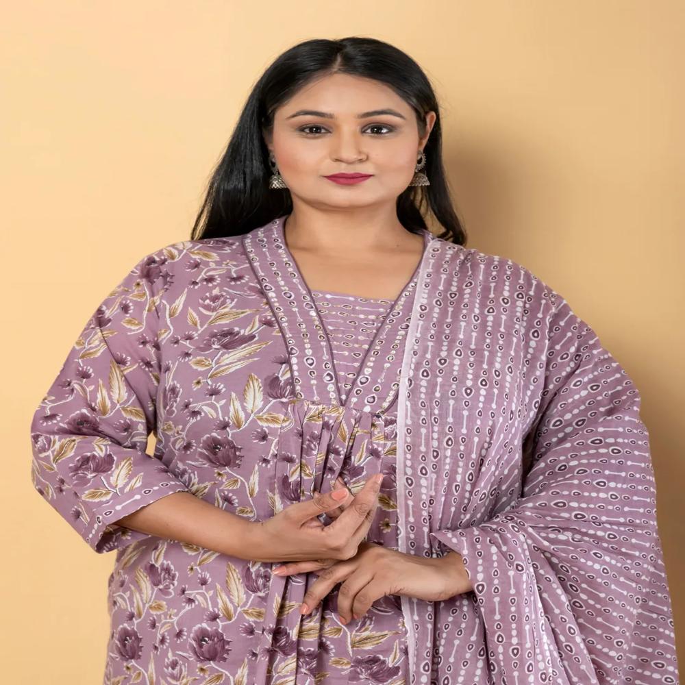 Anarkali Style Cotton Blend Fabric Mauve Color Kurta With Bottom And Dupatta