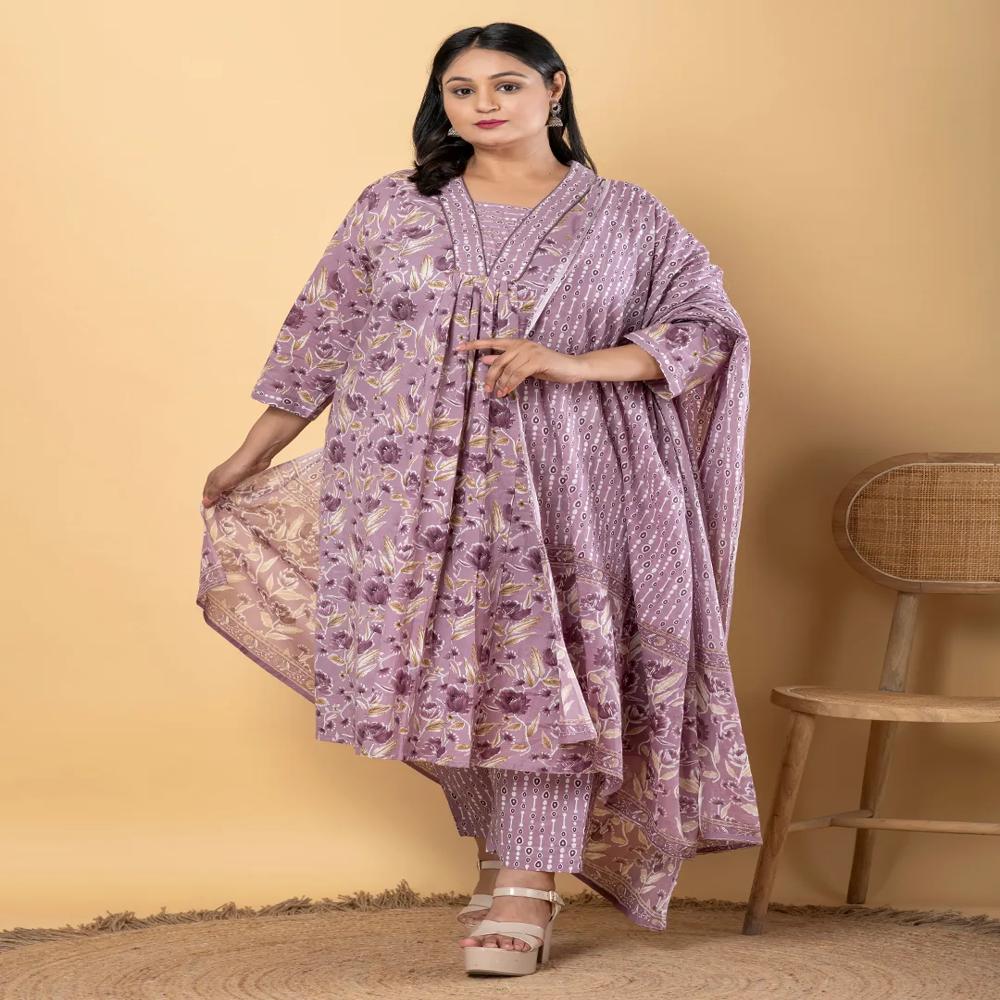 Anarkali Style Cotton Blend Fabric Mauve Color Kurta With Bottom And Dupatta
