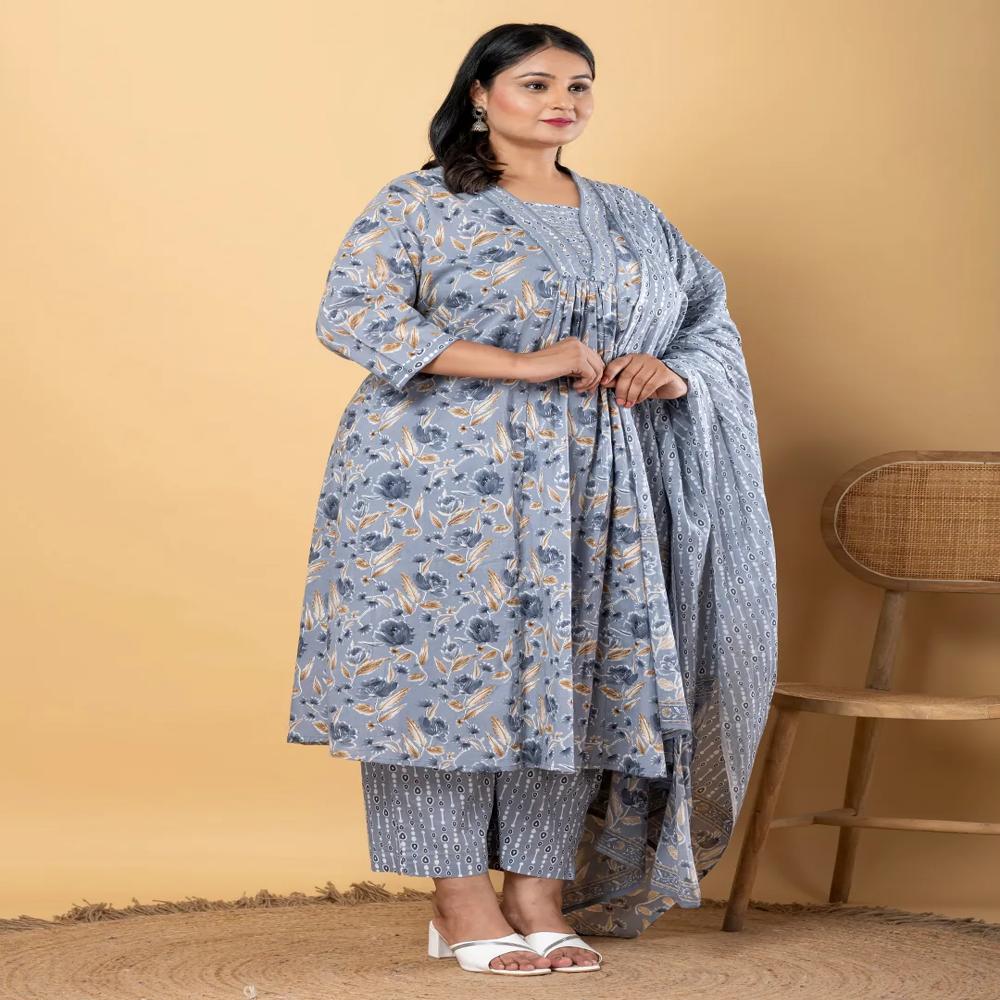Anarkali Style Cotton Blend Fabric Grey Color Kurta With Bottom And Dupatta