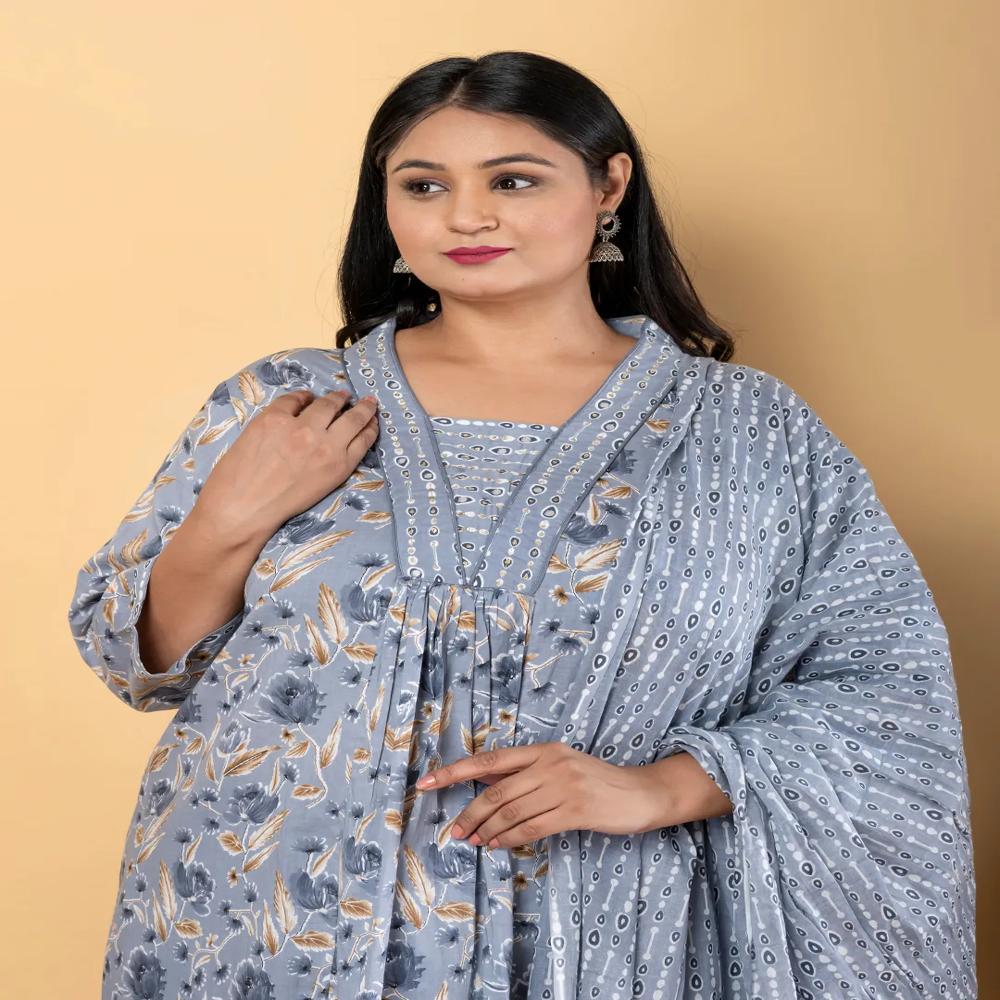 Anarkali Style Cotton Blend Fabric Grey Color Kurta With Bottom And Dupatta