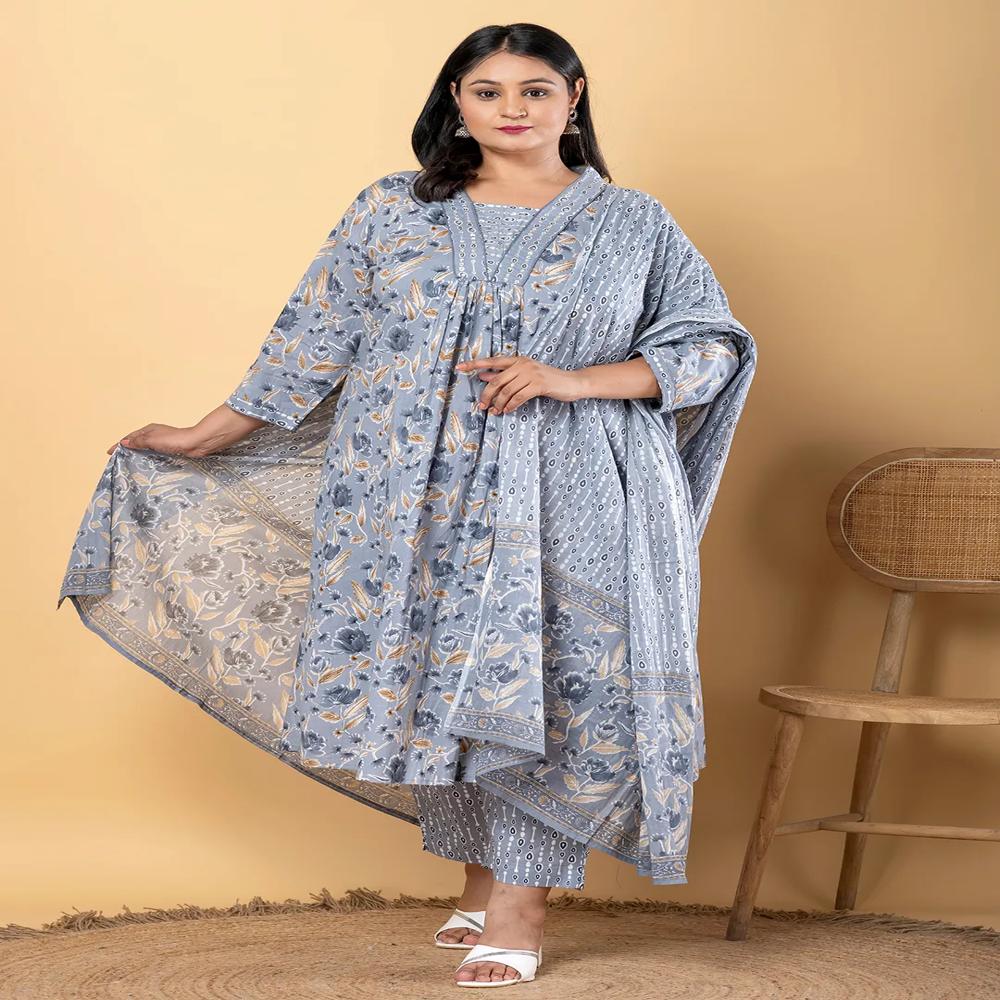 Anarkali Style Cotton Blend Fabric Grey Color Kurta With Bottom And Dupatta