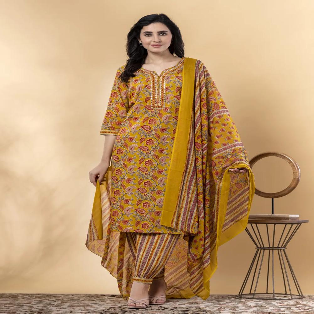 Straight Style Cotton Fabric Yellow Color Kurta And Bottom With Dupatta
