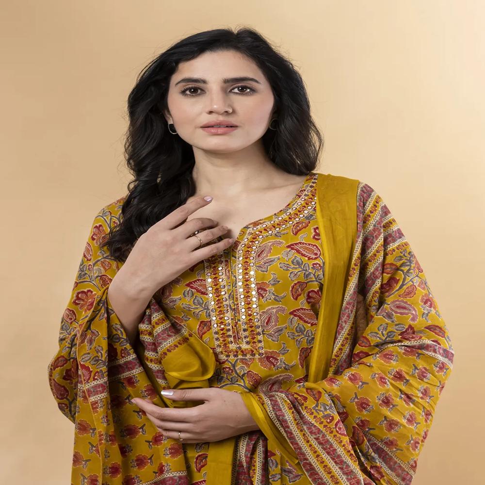 Straight Style Cotton Fabric Yellow Color Kurta And Bottom With Dupatta