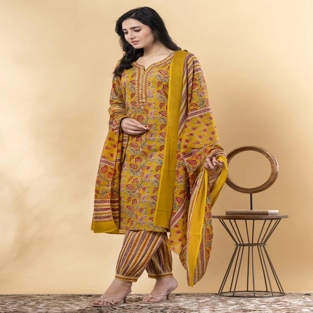 Straight Style Cotton Fabric Yellow Color Kurta And Bottom With Dupatta