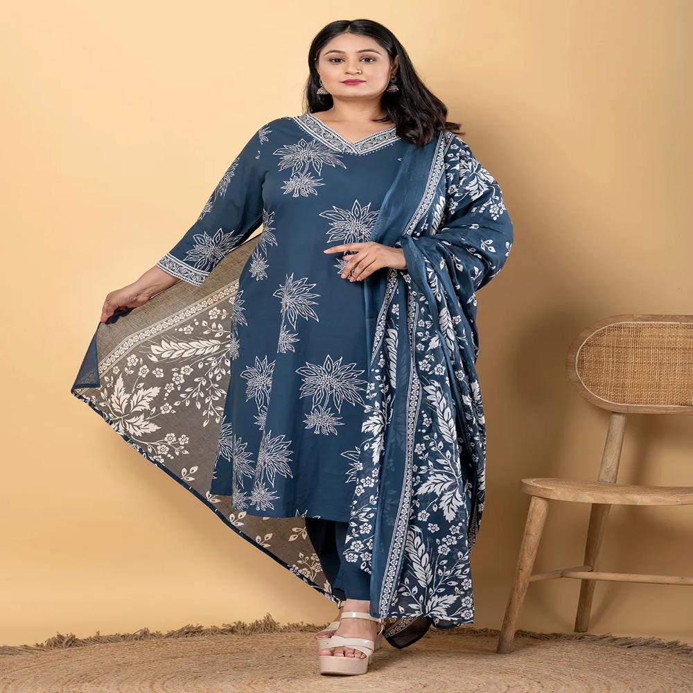 Anarkali Style Cotton Fabric Teal Color Kurta And Bottom With Dupatta