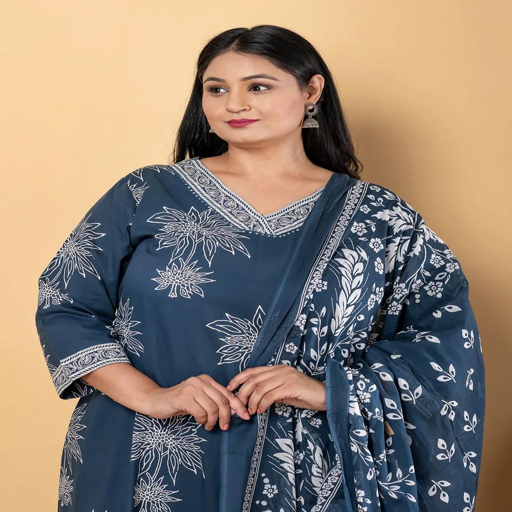 Anarkali Style Cotton Fabric Teal Color Kurta And Bottom With Dupatta