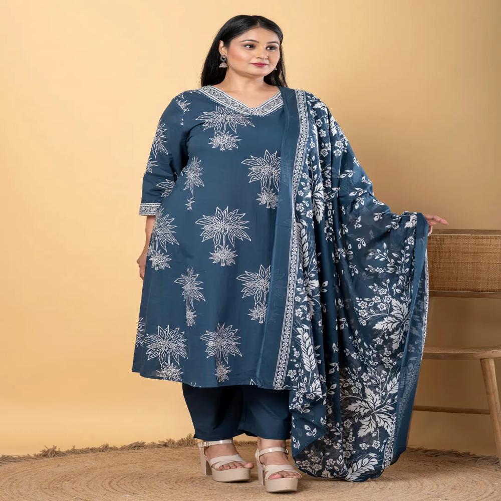 Anarkali Style Cotton Fabric Teal Color Kurta And Bottom With Dupatta