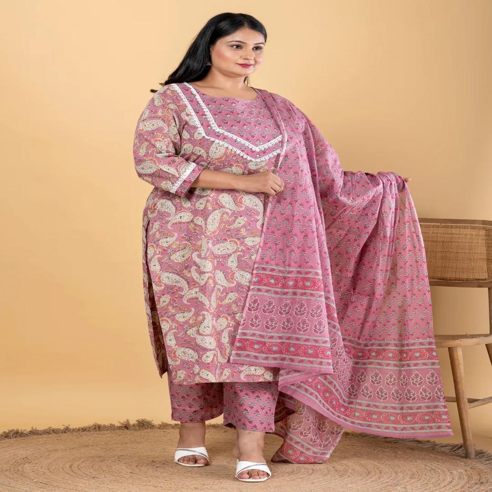 Straight Style Cotton Fabric Pink Color Kurta And Bottom With Dupatta
