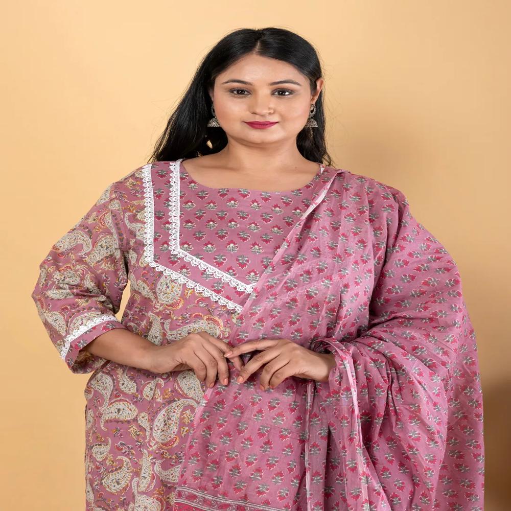 Straight Style Cotton Fabric Pink Color Kurta And Bottom With Dupatta