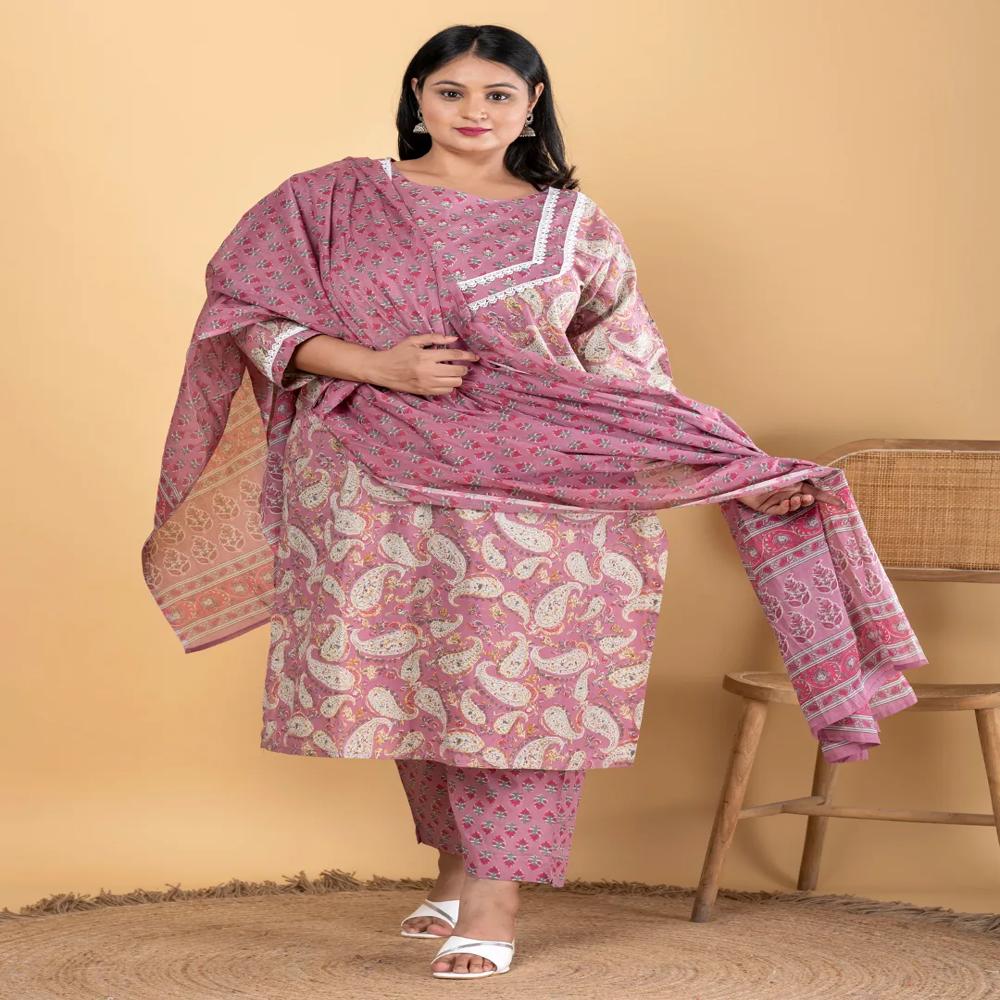 Straight Style Cotton Fabric Pink Color Kurta And Bottom With Dupatta