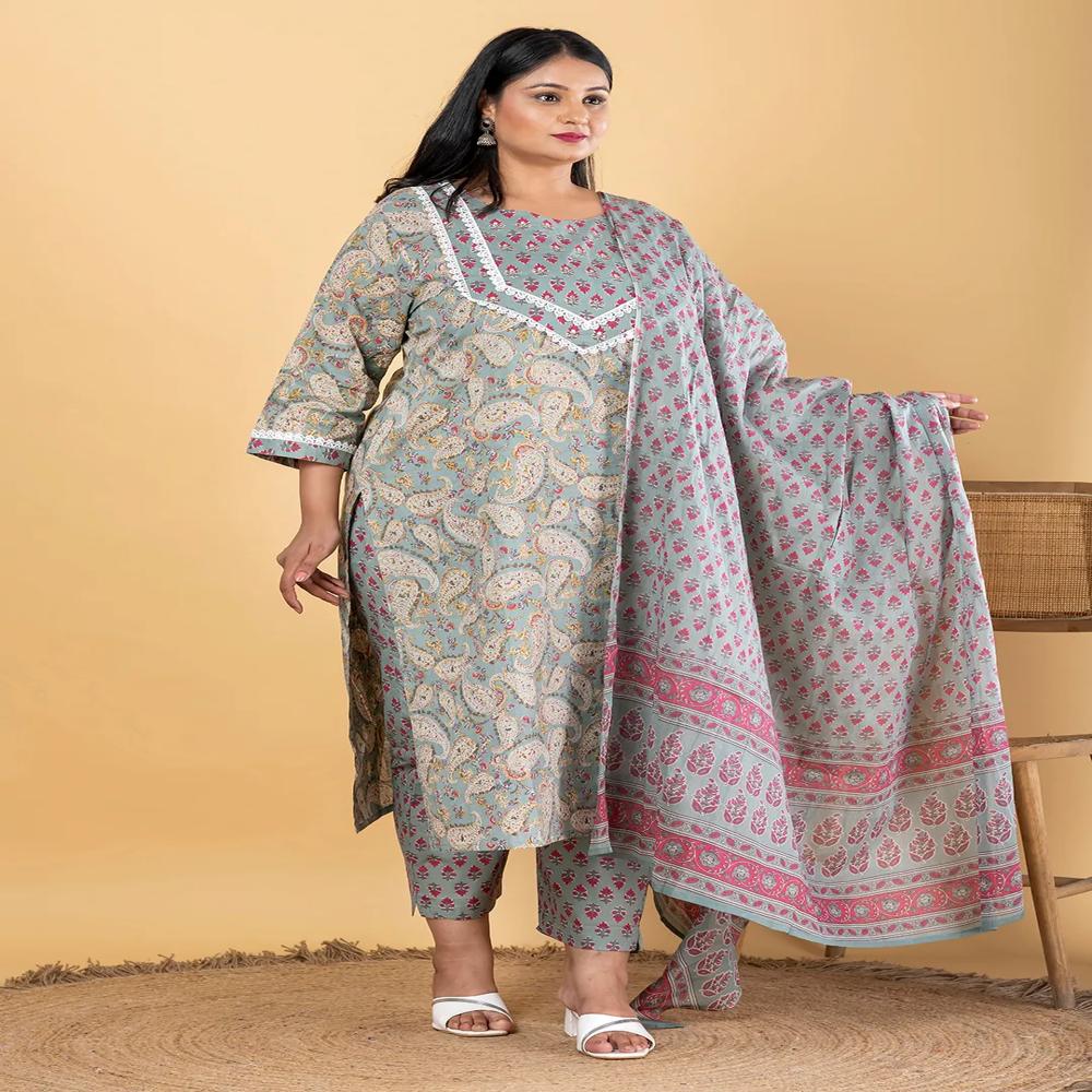 Straight Style Cotton Fabric Sea Green Color Kurta And Bottom With Dupatta
