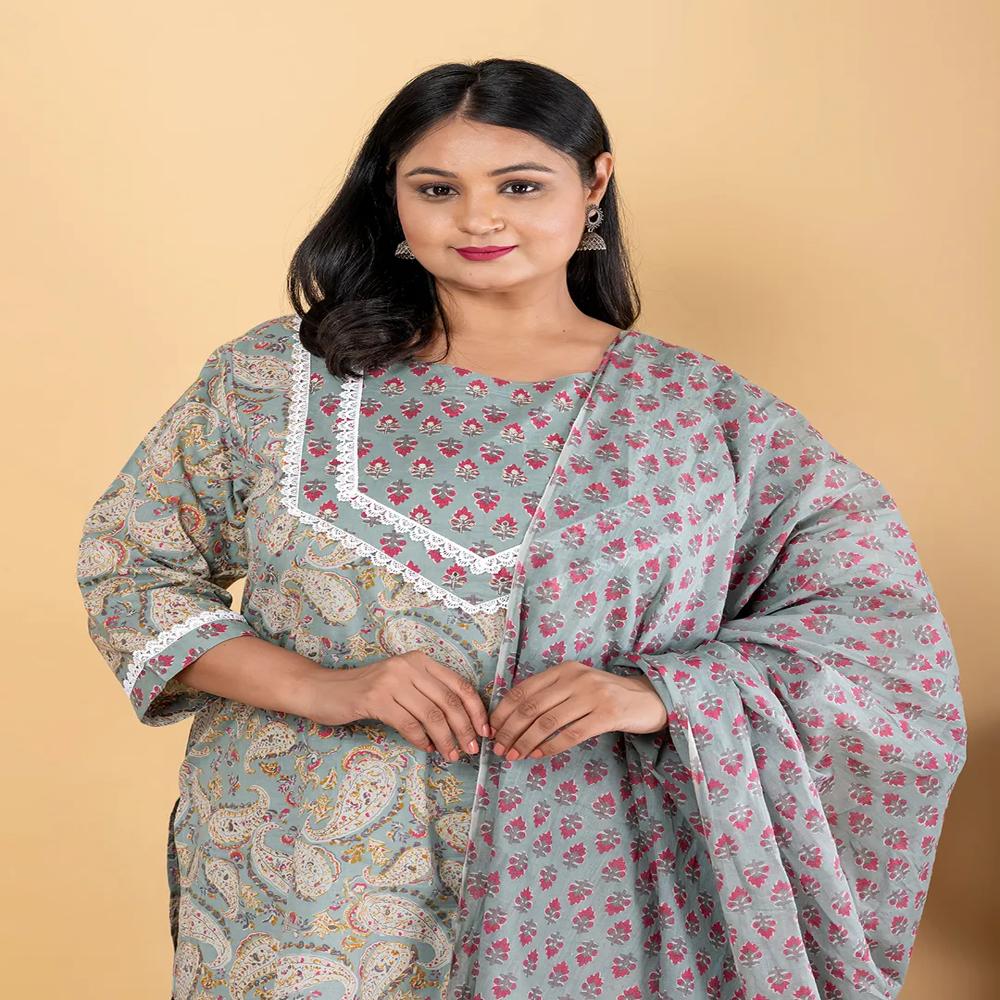 Straight Style Cotton Fabric Sea Green Color Kurta And Bottom With Dupatta