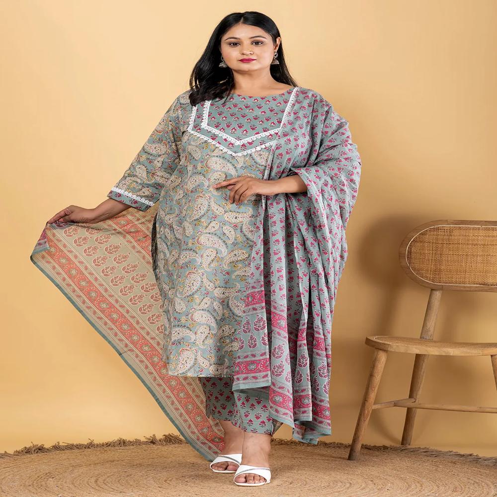 Straight Style Cotton Fabric Sea Green Color Kurta And Bottom With Dupatta