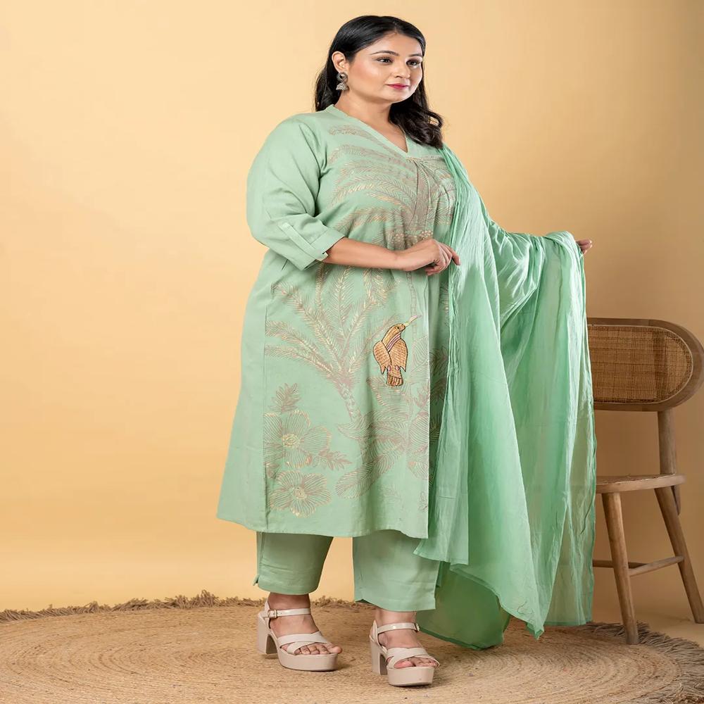 Anarkali Style Cotton Flex Fabric Green Color Kurta And Bottom With Dupatta