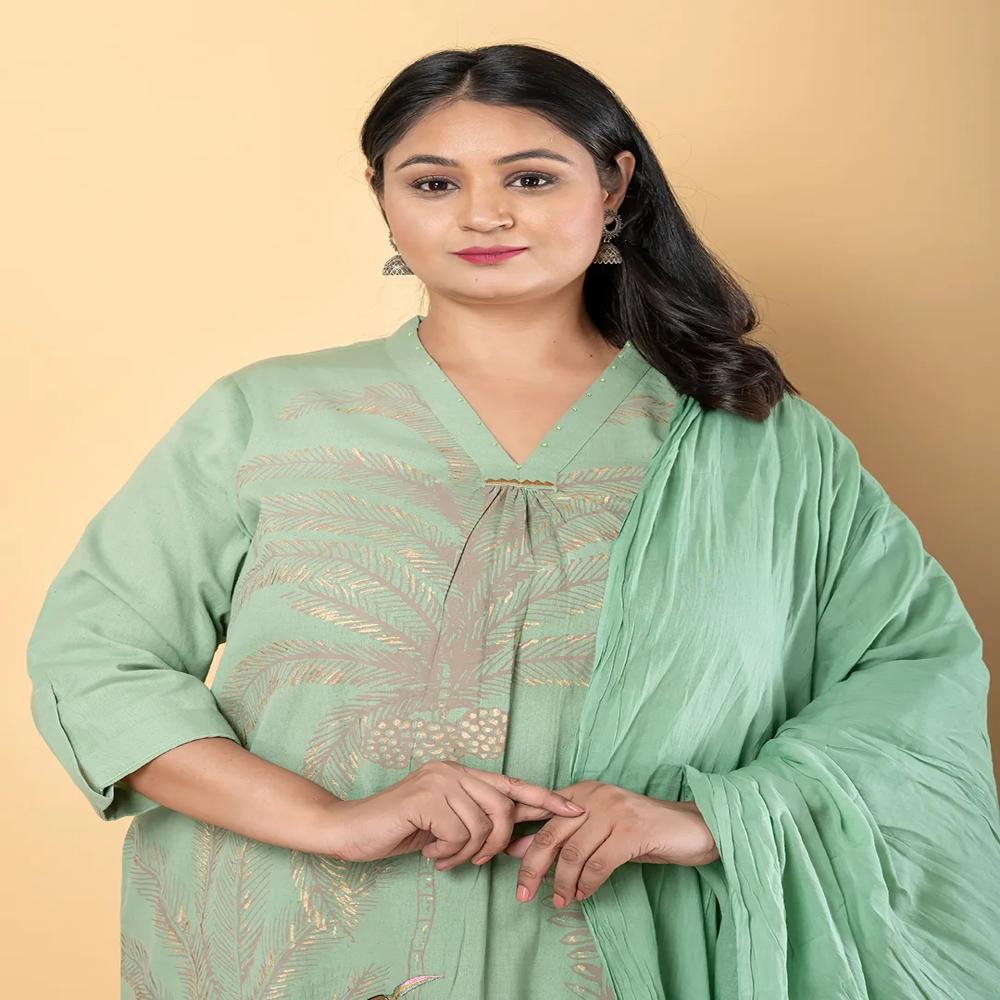 Anarkali Style Cotton Flex Fabric Green Color Kurta And Bottom With Dupatta