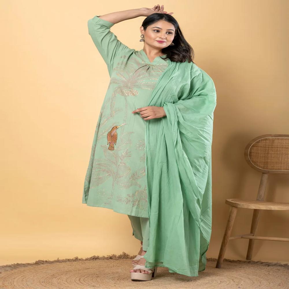 Anarkali Style Cotton Flex Fabric Green Color Kurta And Bottom With Dupatta
