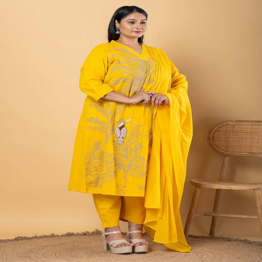 Anarkali Style Cotton Flex Fabric Yellow Color Kurta And Bottom With Dupatta