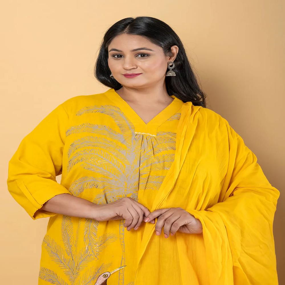 Anarkali Style Cotton Flex Fabric Yellow Color Kurta And Bottom With Dupatta