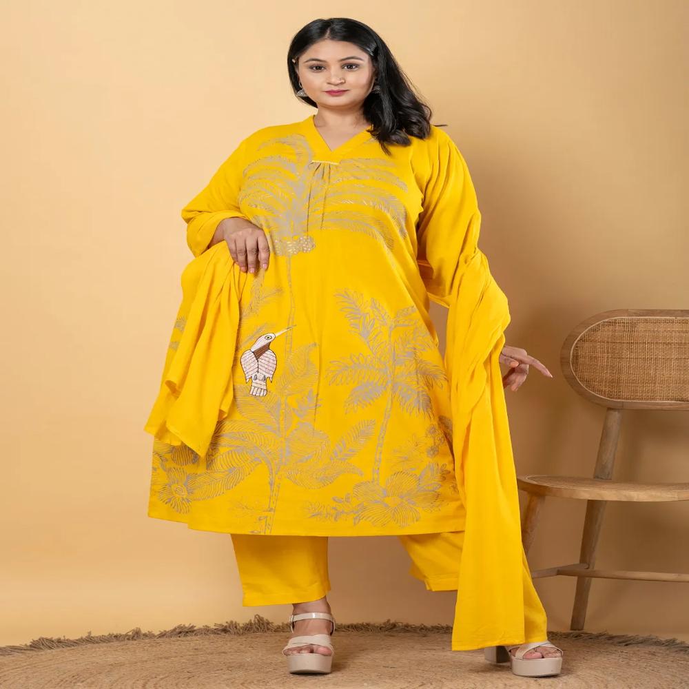Anarkali Style Cotton Flex Fabric Yellow Color Kurta And Bottom With Dupatta