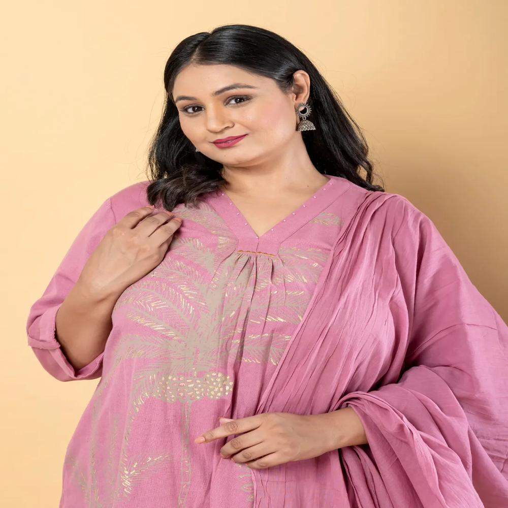 Anarkali Style Cotton Flex Fabric Mauve Color Kurta And Bottom With Dupatta
