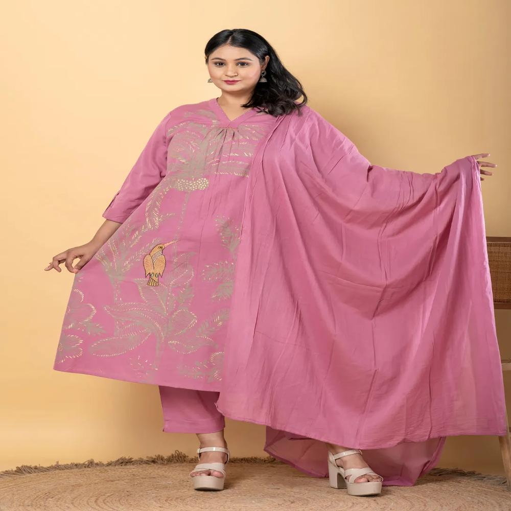 Anarkali Style Cotton Flex Fabric Mauve Color Kurta And Bottom With Dupatta