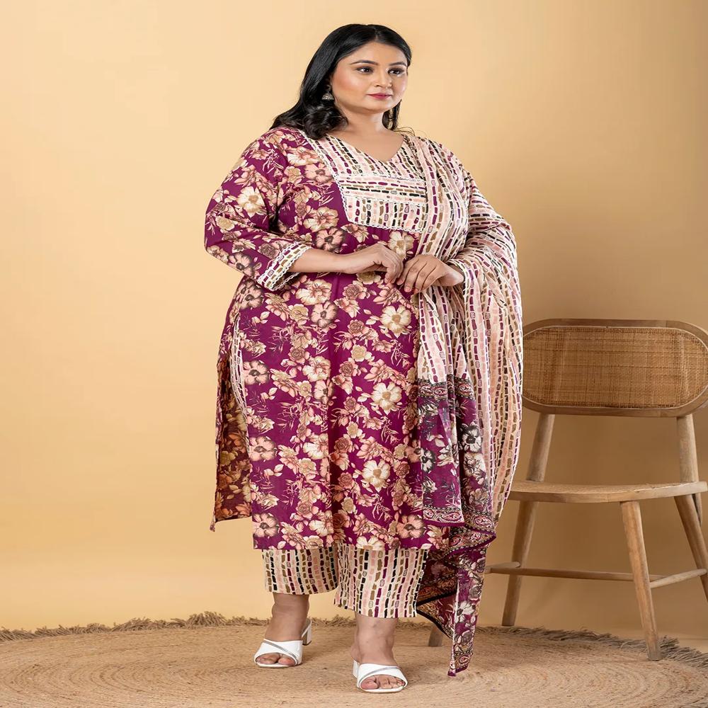 Straight Style Cotton Fabric Purple Color Kurta And Bottom With Dupatta