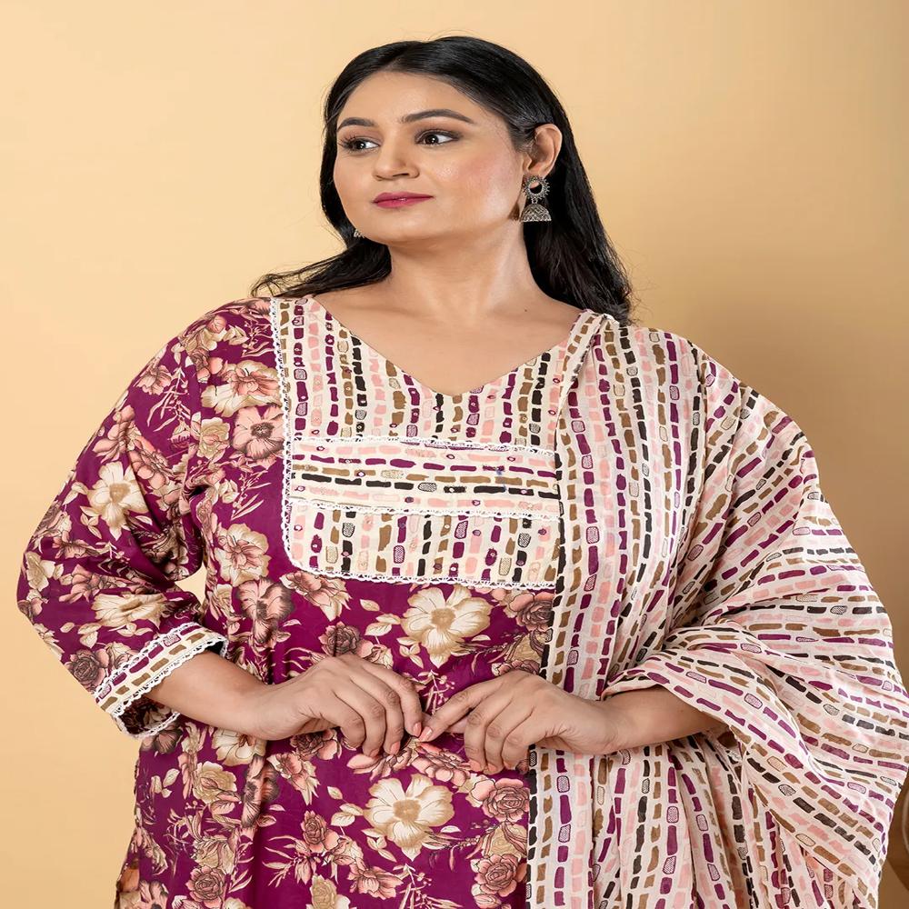 Straight Style Cotton Fabric Purple Color Kurta And Bottom With Dupatta