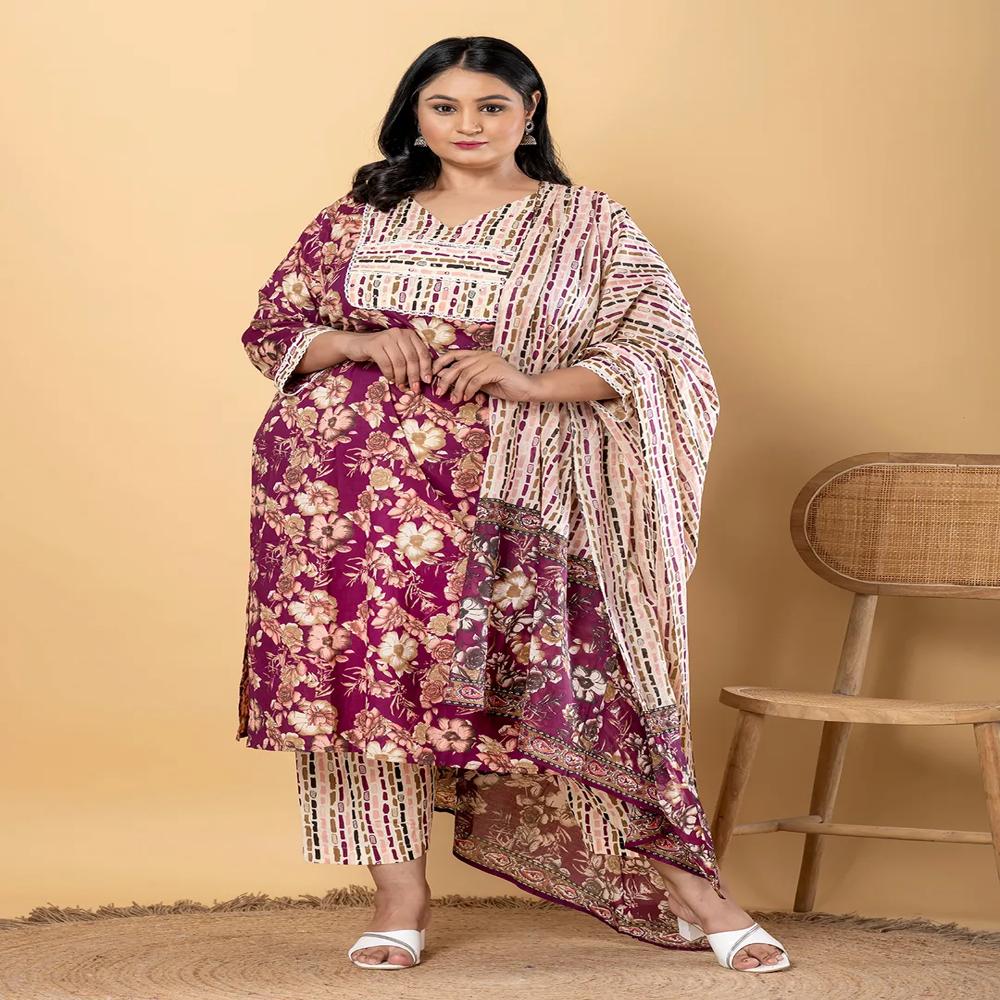 Straight Style Cotton Fabric Purple Color Kurta And Bottom With Dupatta