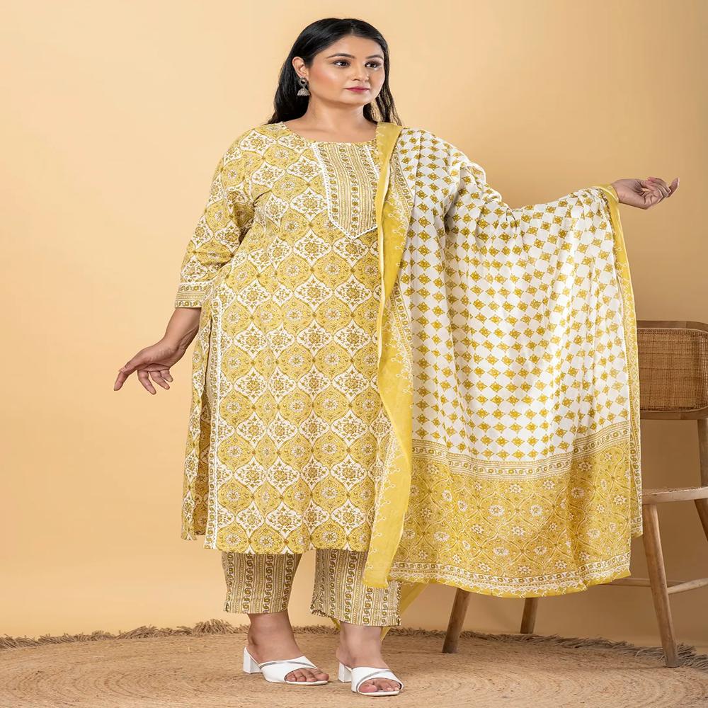 Straight Style Cotton Fabric Green Color Kurta And Bottom With Dupatta