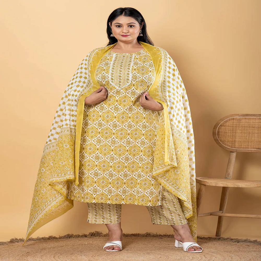 Straight Style Cotton Fabric Green Color Kurta And Bottom With Dupatta