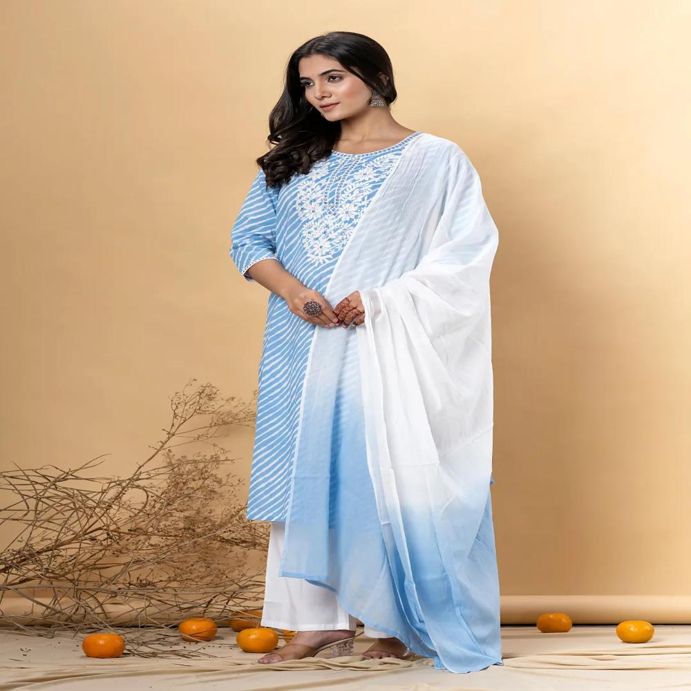 Straight Style Cotton Fabric Blue Color Kurta And Bottom With Dupatta