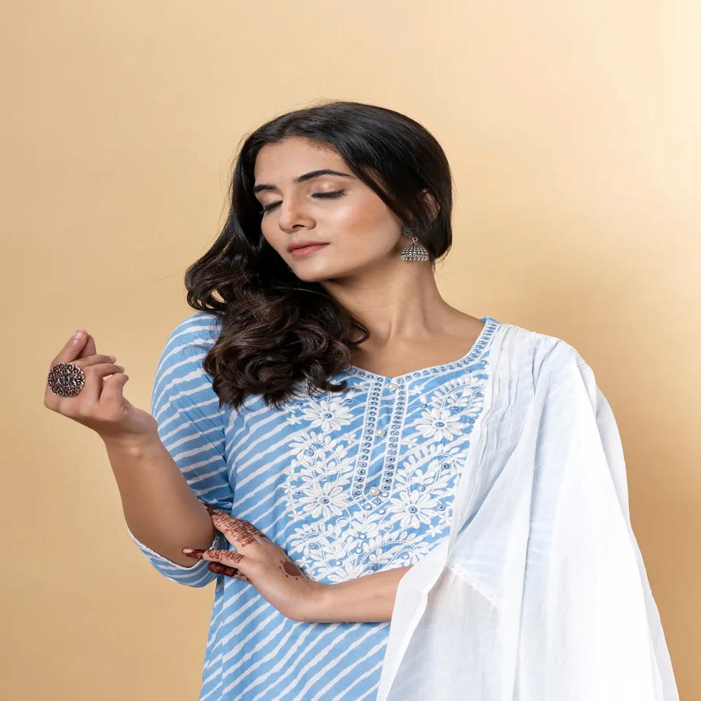 Straight Style Cotton Fabric Blue Color Kurta And Bottom With Dupatta