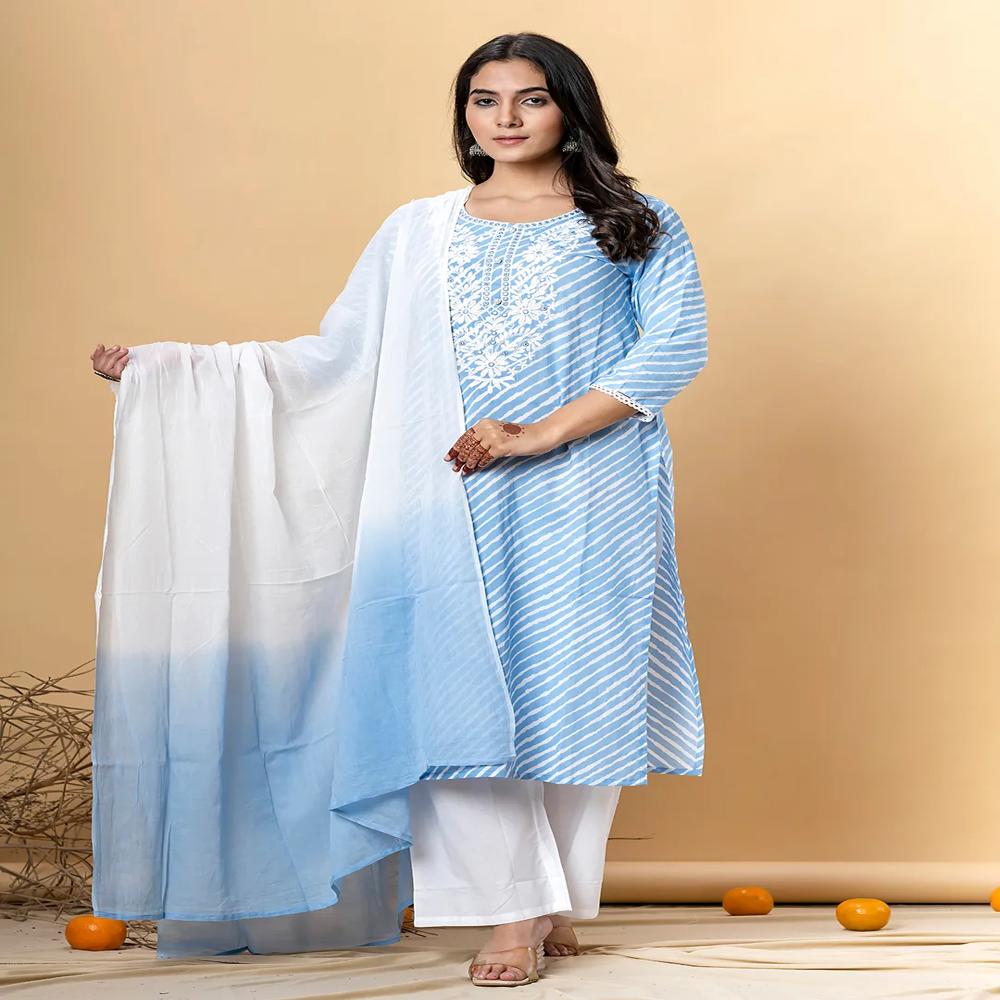 Straight Style Cotton Fabric Blue Color Kurta And Bottom With Dupatta