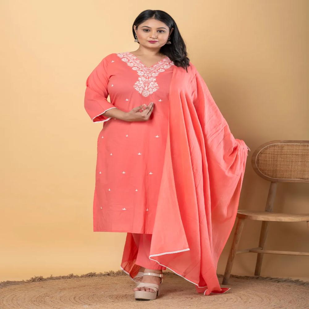 Straight Style Cotton Fabric Peach Color Kurta With Bottom And Dupatta