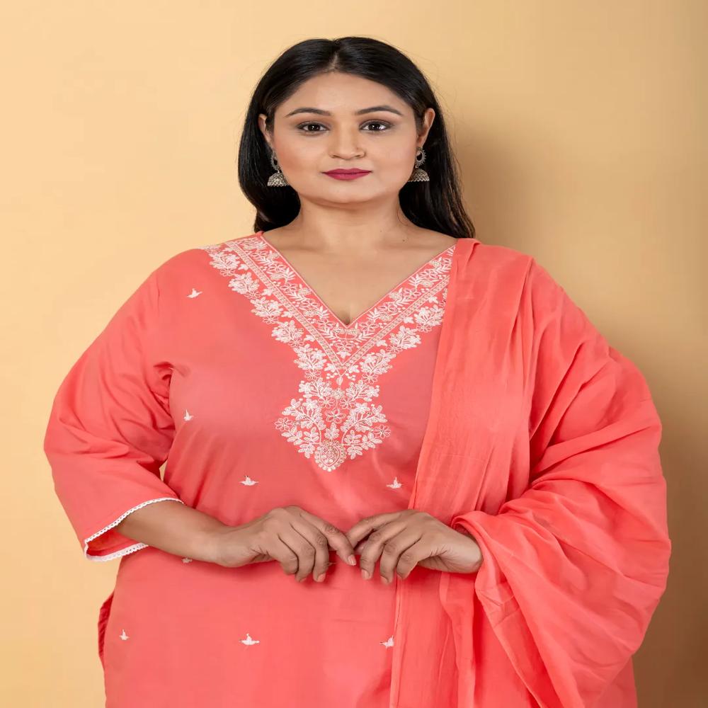 Straight Style Cotton Fabric Peach Color Kurta With Bottom And Dupatta