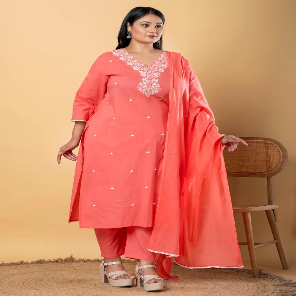 Straight Style Cotton Fabric Peach Color Kurta With Bottom And Dupatta